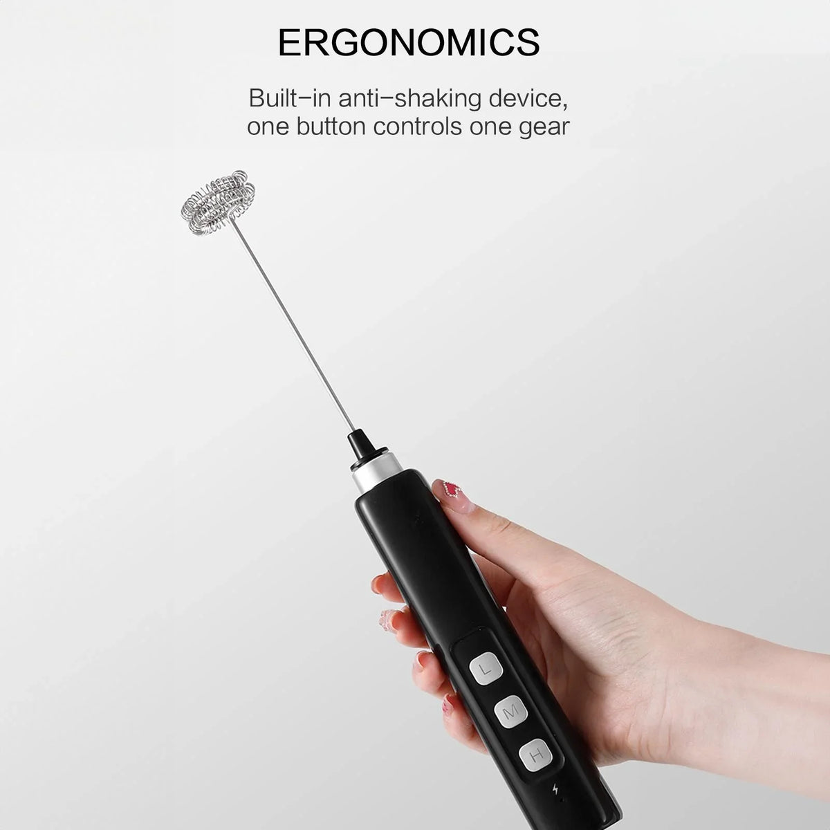 Milk Frother Rechargeable Electric Whisk 3 Speed Mixer 3 Attachments - White