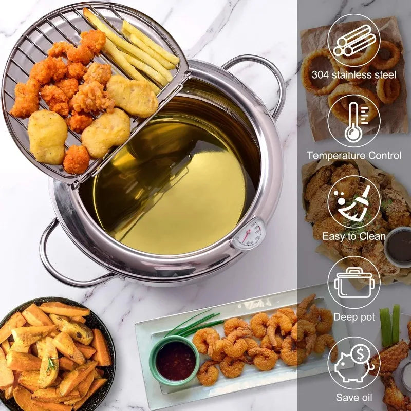 Deep Fryer 29 cm Stainless Steel Pot with Thermometer and Oil Draining Rack - Small