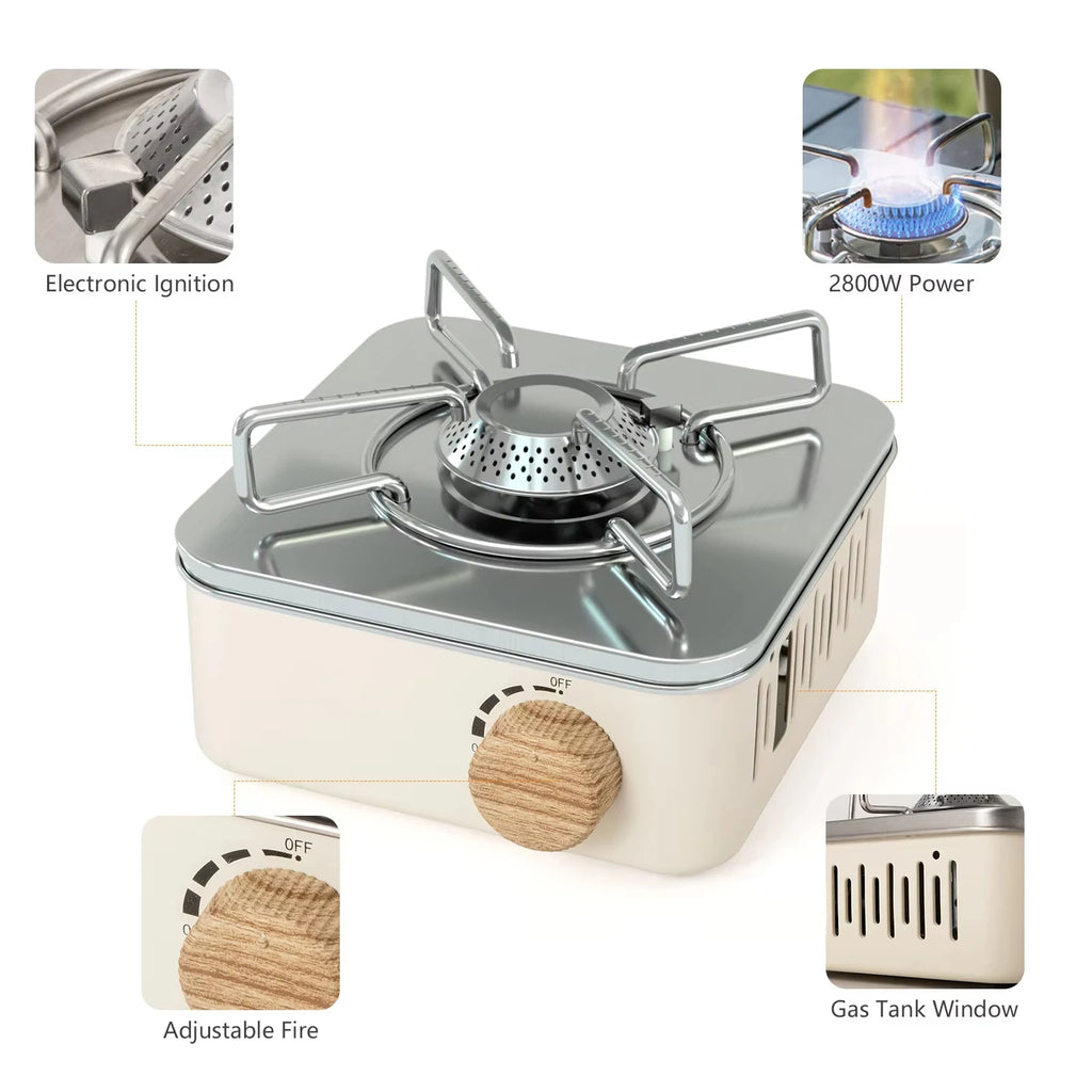 Camping Gas Stove 2800W Portable Butane Cassette Burner Electronic Ignition – White