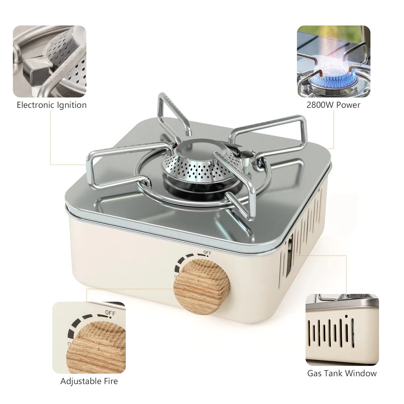 Camping Gas Stove 2800W Portable Butane Cassette Burner Electronic Ignition – White