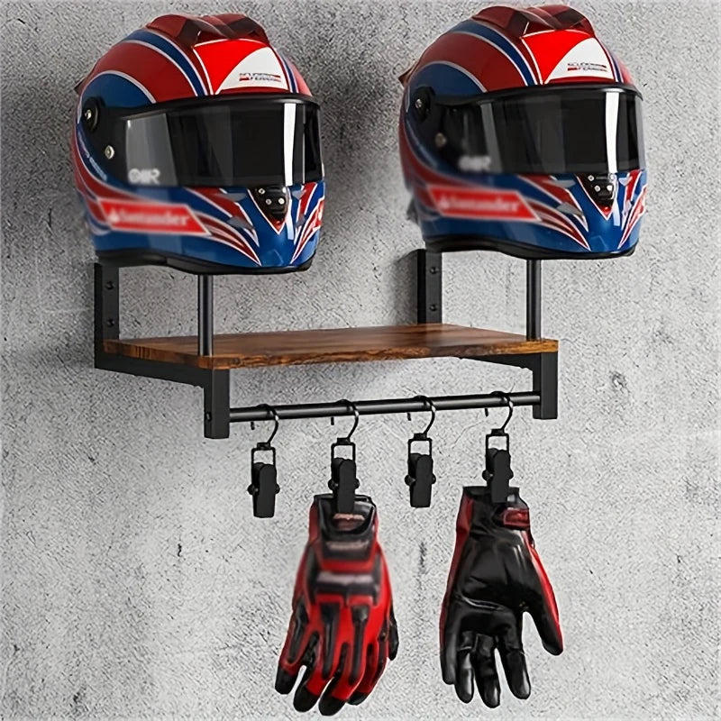 Motorcycle Helmet Wall Mount Wooden Shelf with Adjustable Hooks Storage Rack - Black