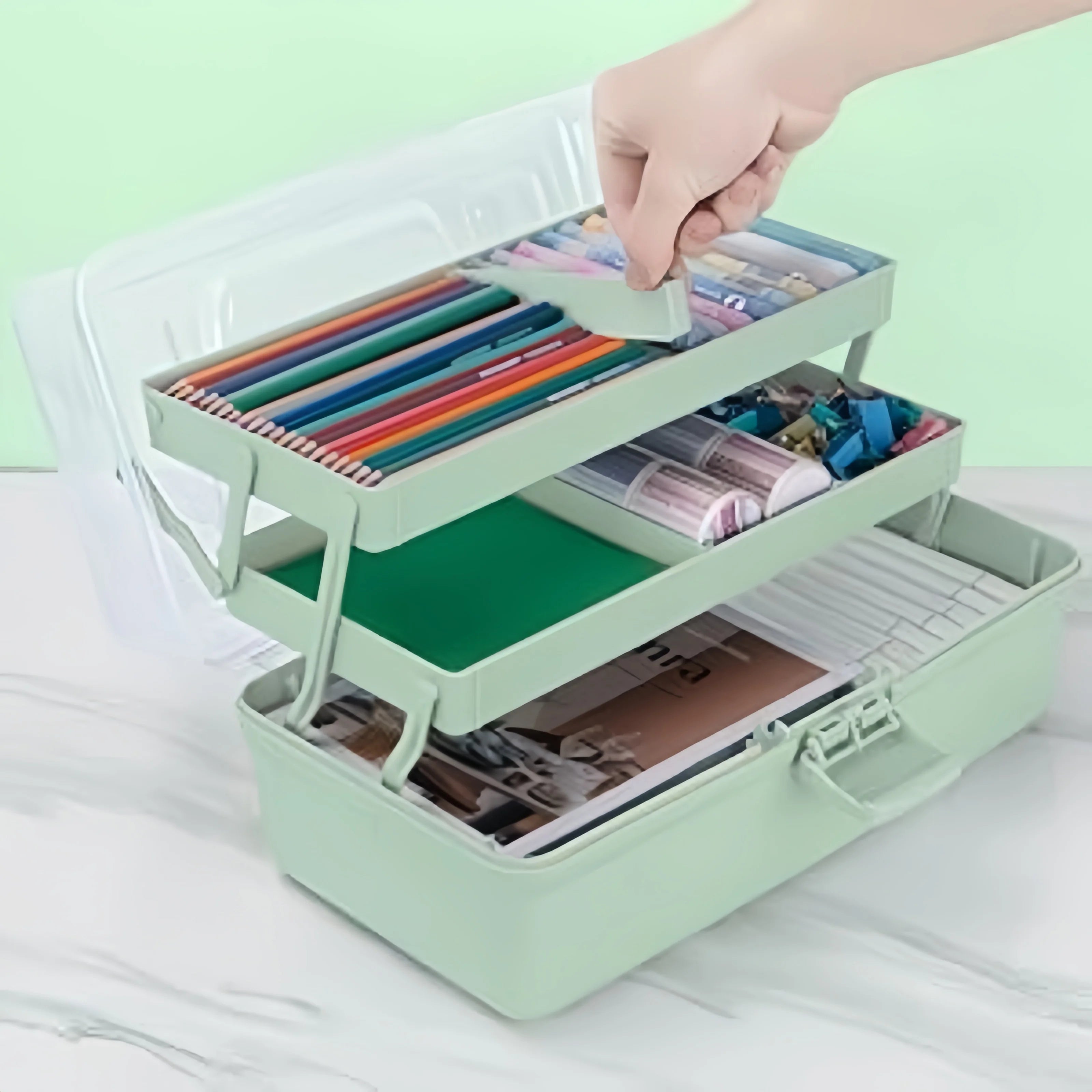 Storage Box 3 Layer Portable Craft Organiser with Adjustable Dividers Carry Handle - Green