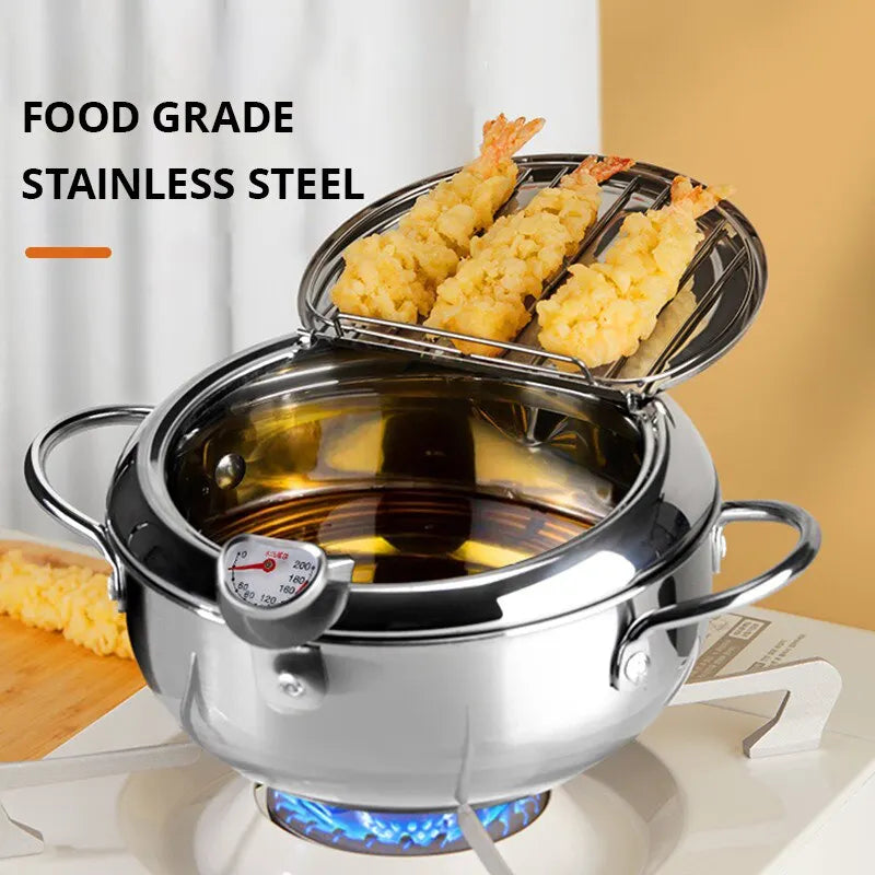 Oil Frying Pan 20 cm Stainless Steel Deep Frying Pot with Thermometer, Lid and Drain Rack