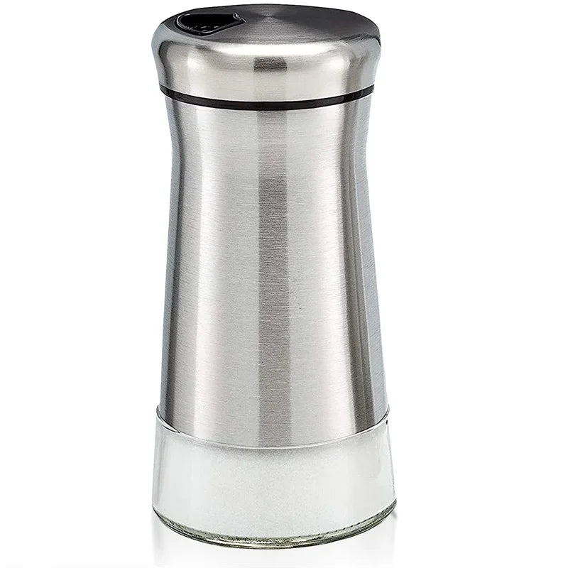 Glass Salt & Pepper Shakers Set Adjustable Pour Holes Stainless Steel Tops – Silver