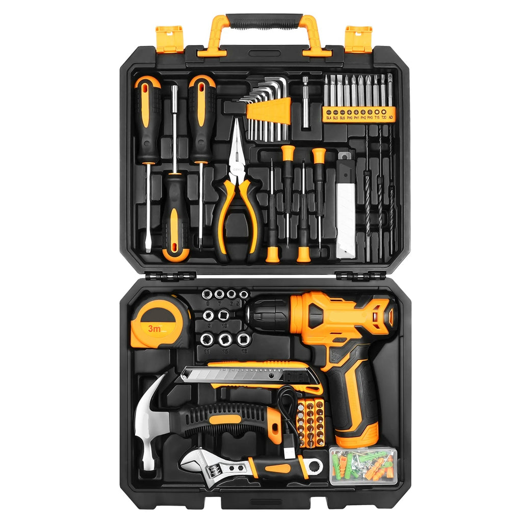 128-Piece Home DIY Hand Tool Set with Plastic Storage Case for Household and Auto Repair