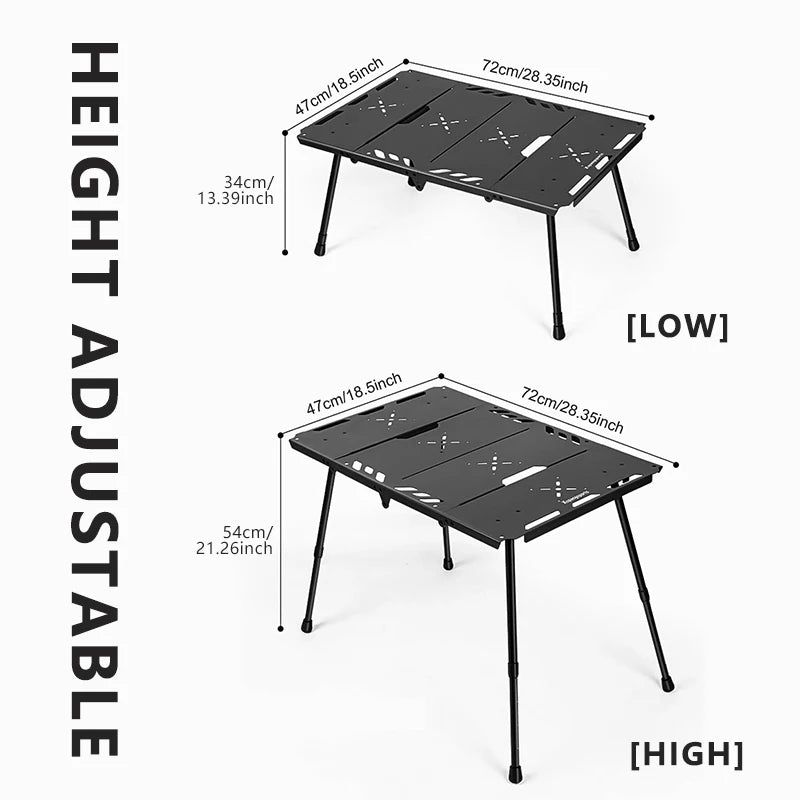 Folding Camping Table Adjustable Height Aluminium Frame with Side Rack - Black