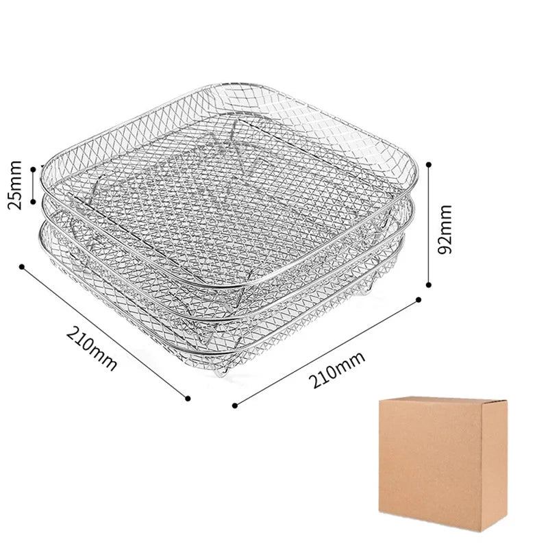 Air Fryer Rack Set 3 Tier Stackable 304 Stainless Steel Dehydrator Grill Basket Square