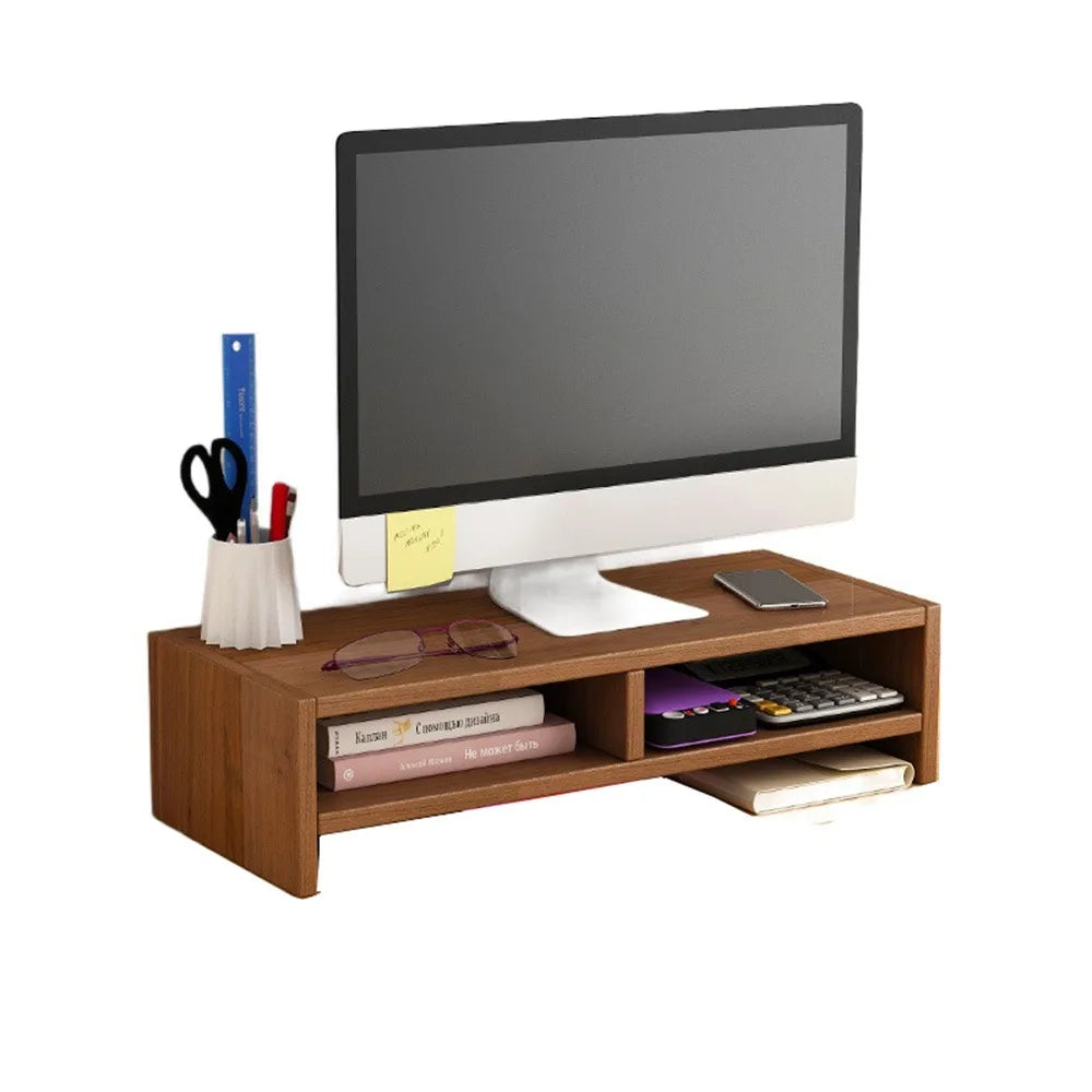 Wooden Monitor Stand Riser Double Layer Desktop Organiser with Storage Shelf – Brown