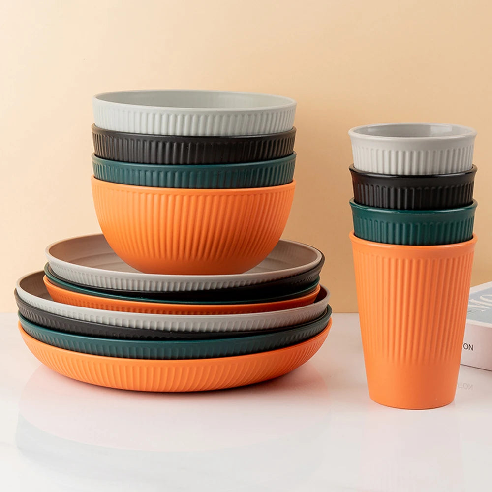 4 Piece Wheat Straw Dinnerware Set Bowl Cup Plate Tableware Kit for Camping and Picnics – Blue