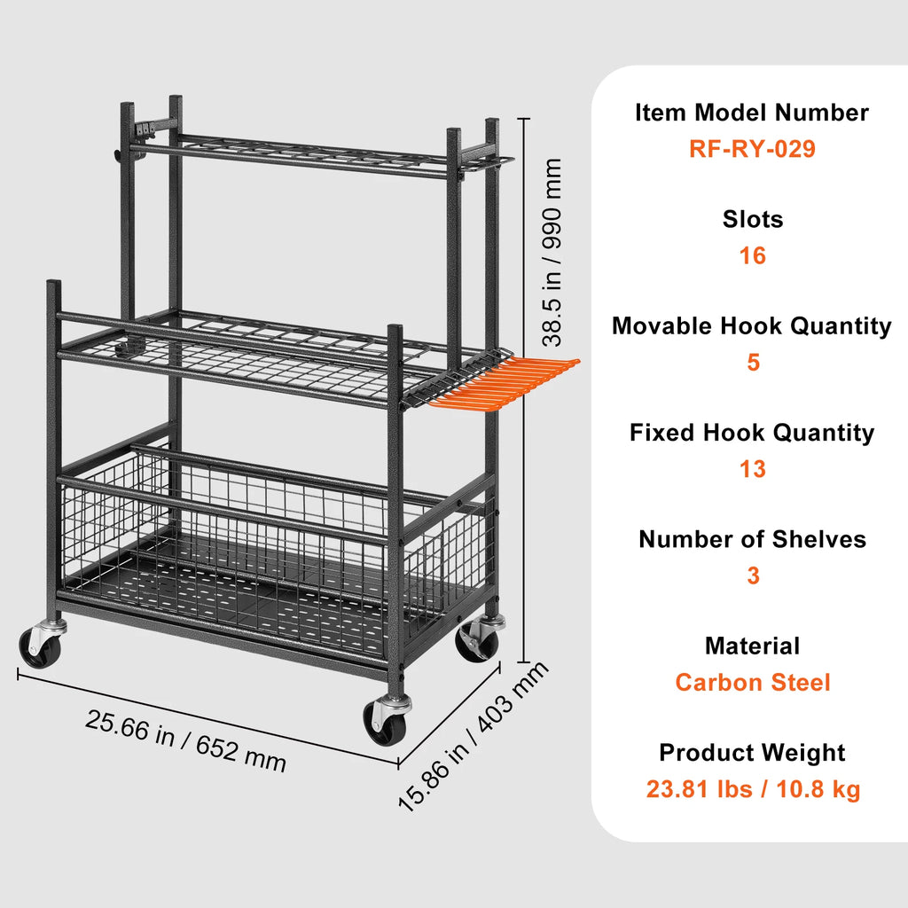 Garden Tool Organizer Rack with Wheels Steel Garage Storage -16 Slot