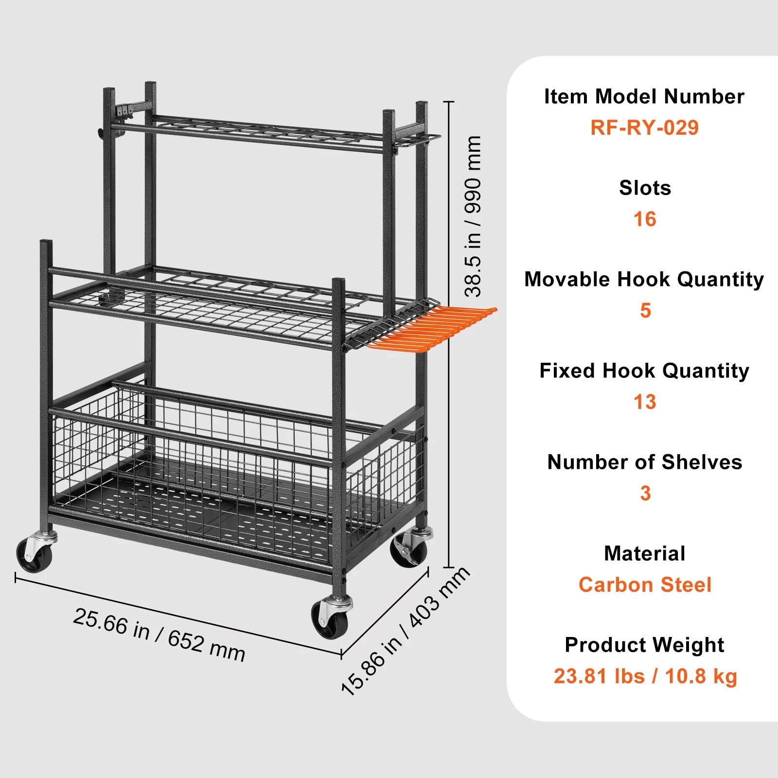 Garden Tool Organizer Rack with Wheels Steel Garage Storage -16 Slot