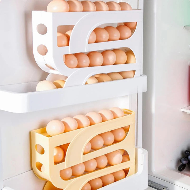 4 Tier Automatic Roll-Out Egg Storage Rack Refrigerator Egg Organizer Holder for Up to 30 Eggs – Yellow