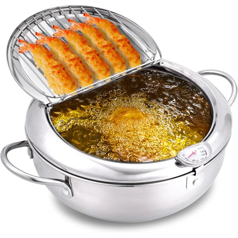 Deep Fryer 37 cm Stainless Steel Pot with Thermometer and Oil Draining Rack - Large