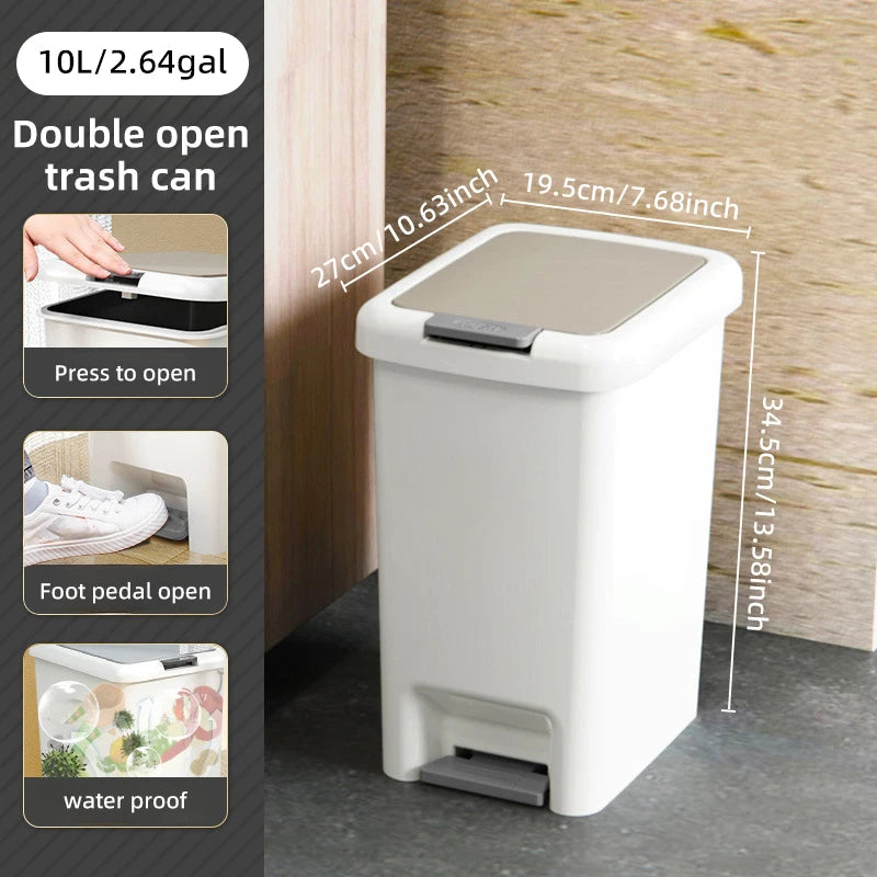 Foot Pedal Trash Can Double Opening Lid Rectangular Plastic Bin for Bathroom Kitchen 10L