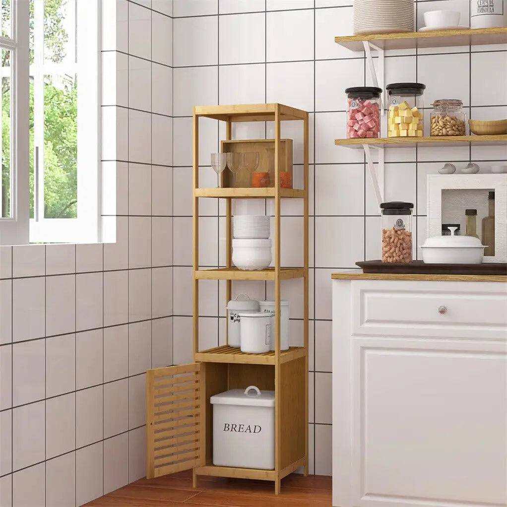 Freestanding Bamboo Bathroom Storage Cabinet Tall Slim Corner Shelf Organizer – Natural Wood