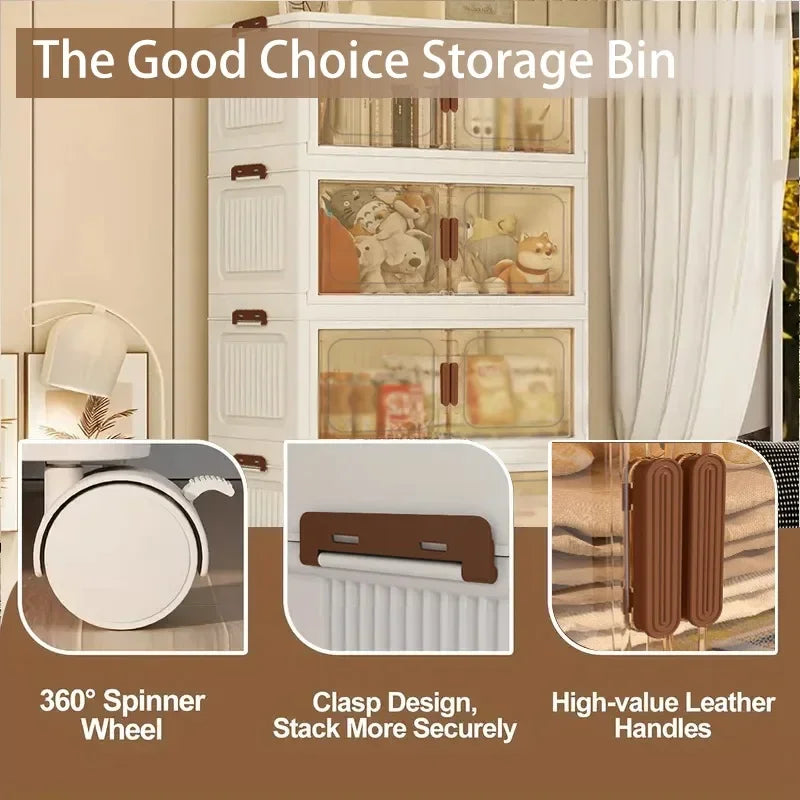 Foldable Storage Cabinet 3 Tier 50 cm Stackable Boxes with Lid and Wheels