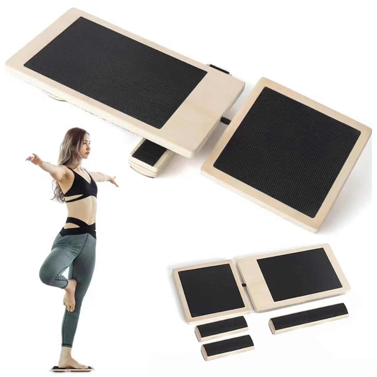Wooden Balance Board Single Foot Trainer Ankle Strength and Stability Exercise Tool - Black Beige