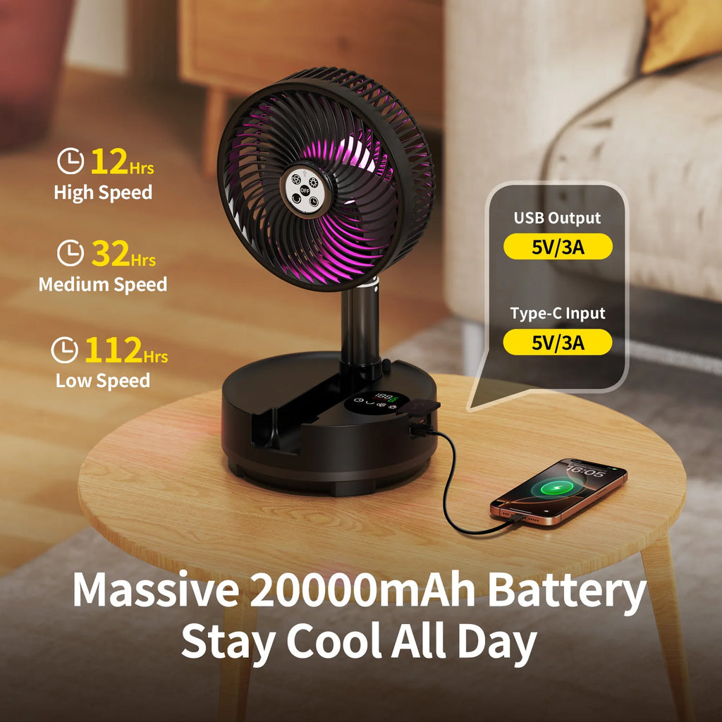 Fan Portable Rechargeable Folding Floor Desk Fan 20000mAh 8 Speed Auto Oscillation - Black