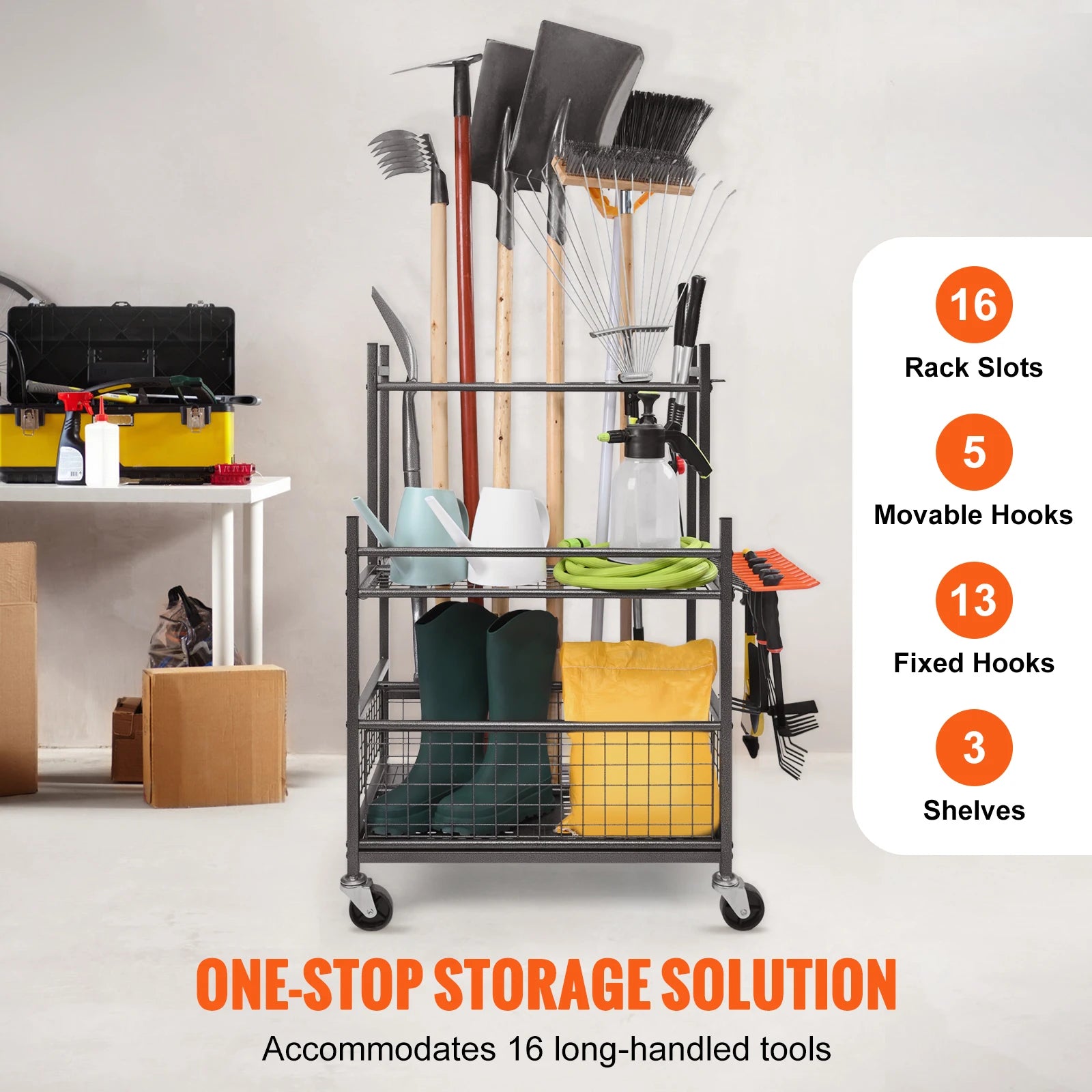 Garden Tool Organizer Rack with Wheels Steel Garage Storage -16 Slot