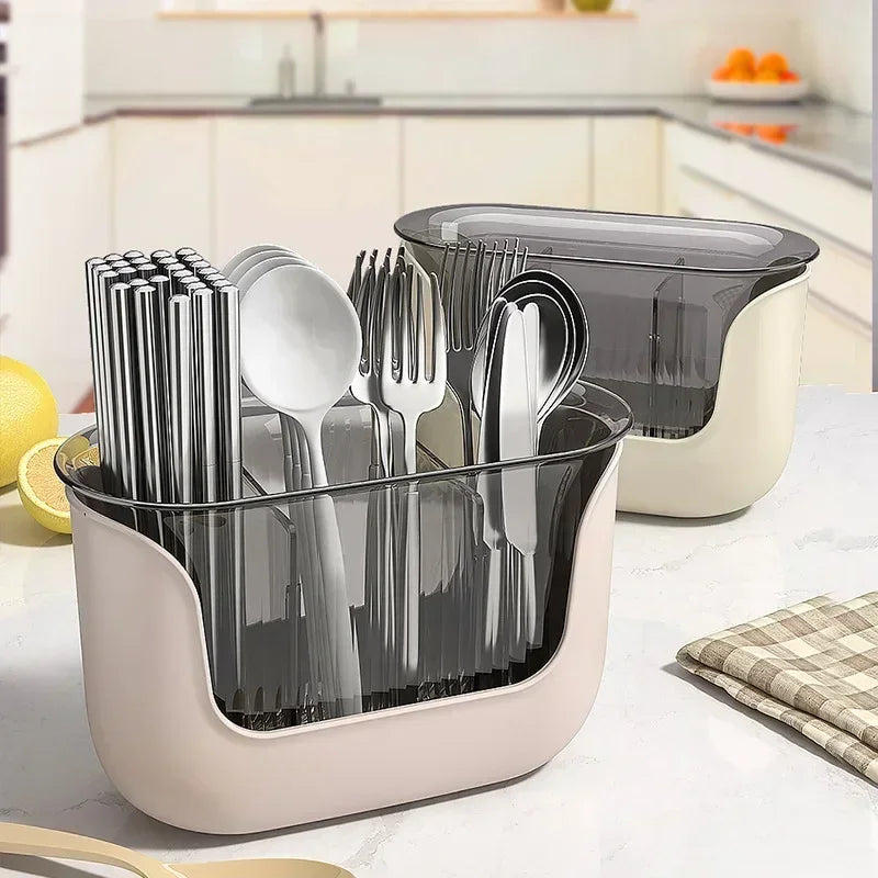 3-Compartment Cutlery Holder Plastic Chopstick Storage Basket With Drain Tray – Pink