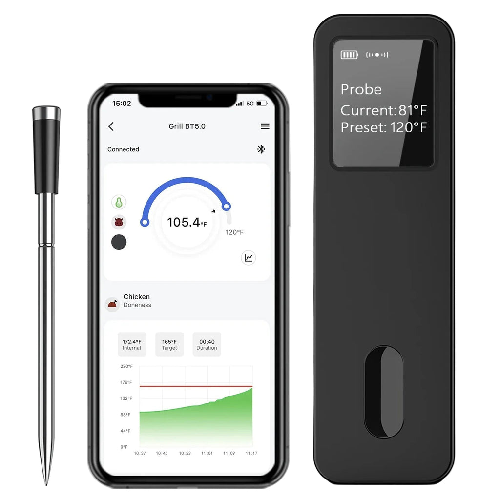 Wireless Bluetooth Meat Thermometer – 1 Probe – IP67 Waterproof – LCD Display – Rechargeable