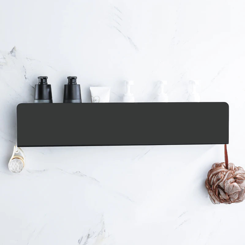 Bathroom Shelf 30cm Wall Mounted Aluminum Storage Rack Single Tier Organizer with Hooks - Gray