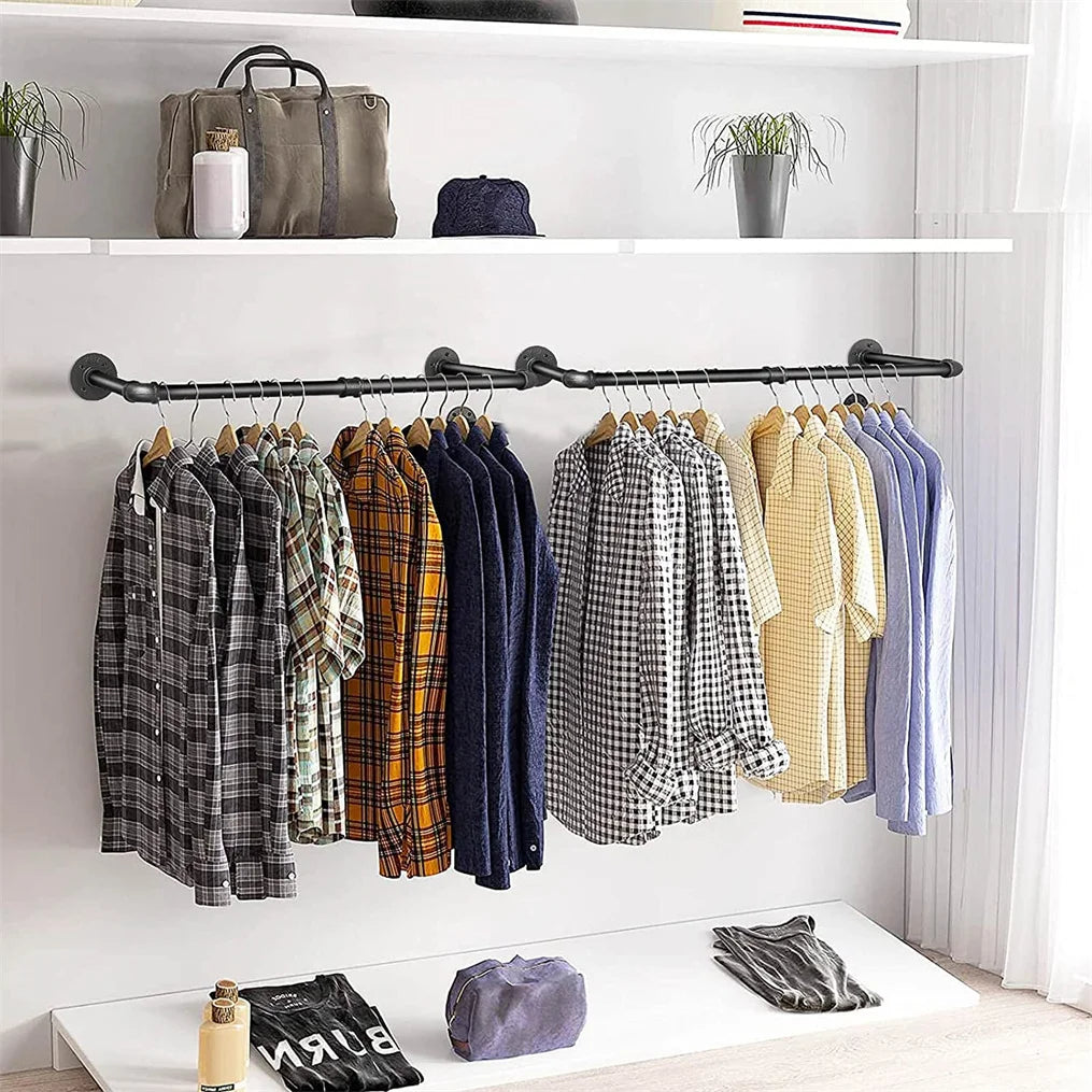 2 Pack Industrial Wall Mounted Clothes Rack Heavy Duty Metal Garment Hanging Rod with Hooks – Black