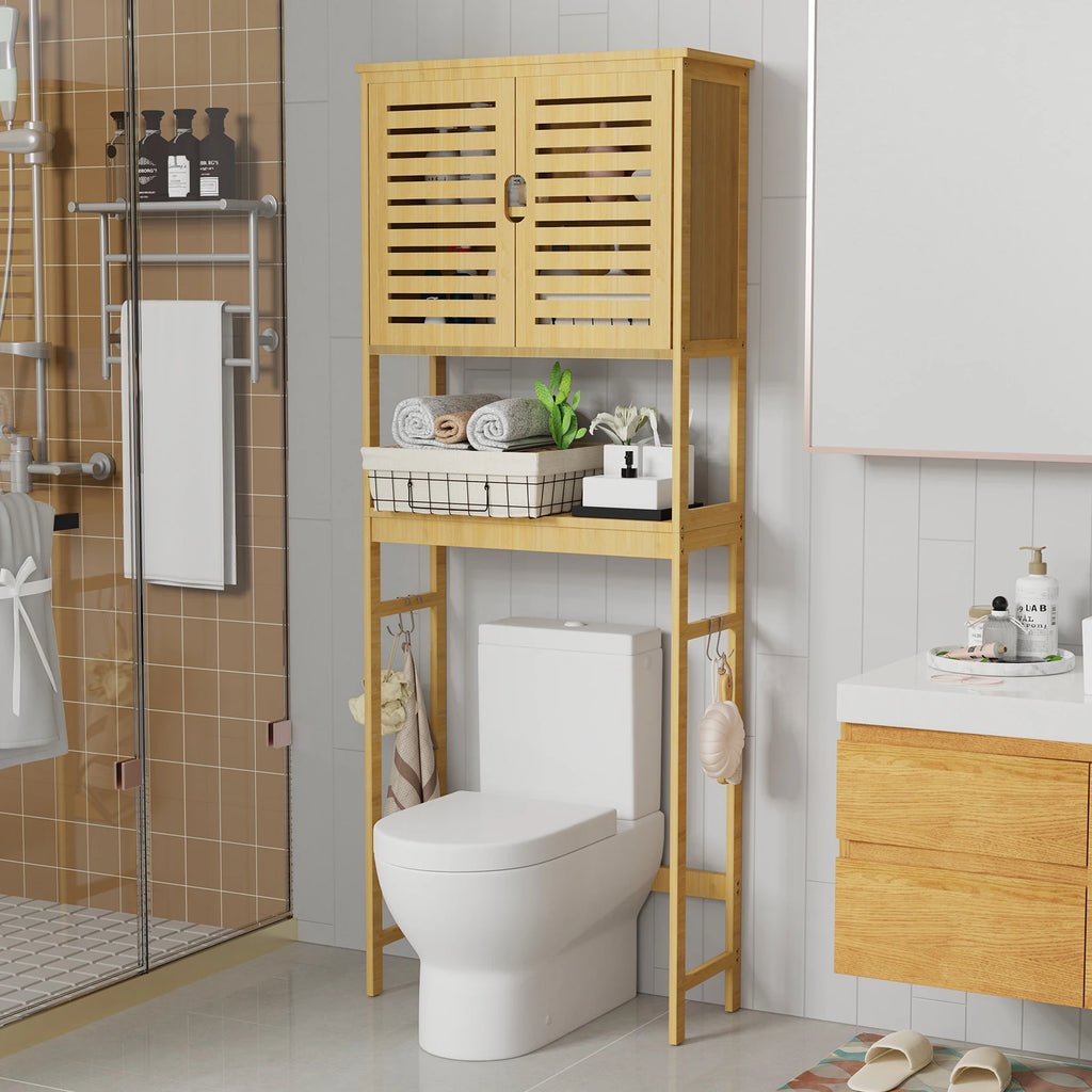 Over the Toilet Storage Cabinet with Adjustable Shelves Freestanding Bamboo Bathroom Organizer – Natural Wood
