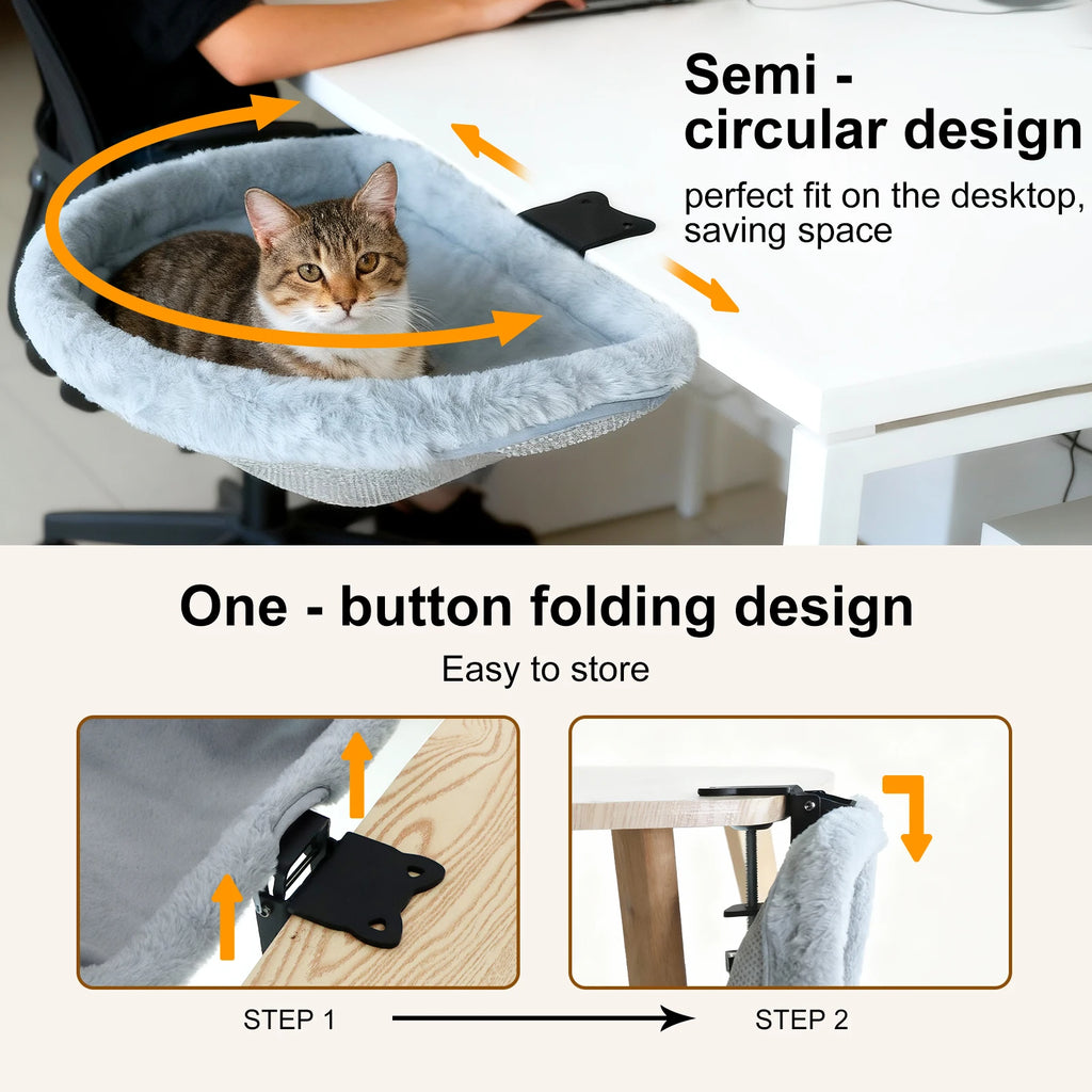 Foldable Desk Cat Hammock Bed Semi Circular Space Saving Faux Fur Desk Perch for Indoor Cats