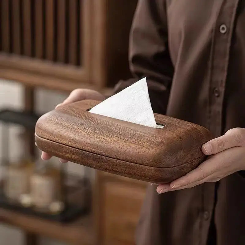 Solid Wood Tissue Box Cover Walnut Finish Desktop Tissue Holder for Home Office and Bathroom – Walnut