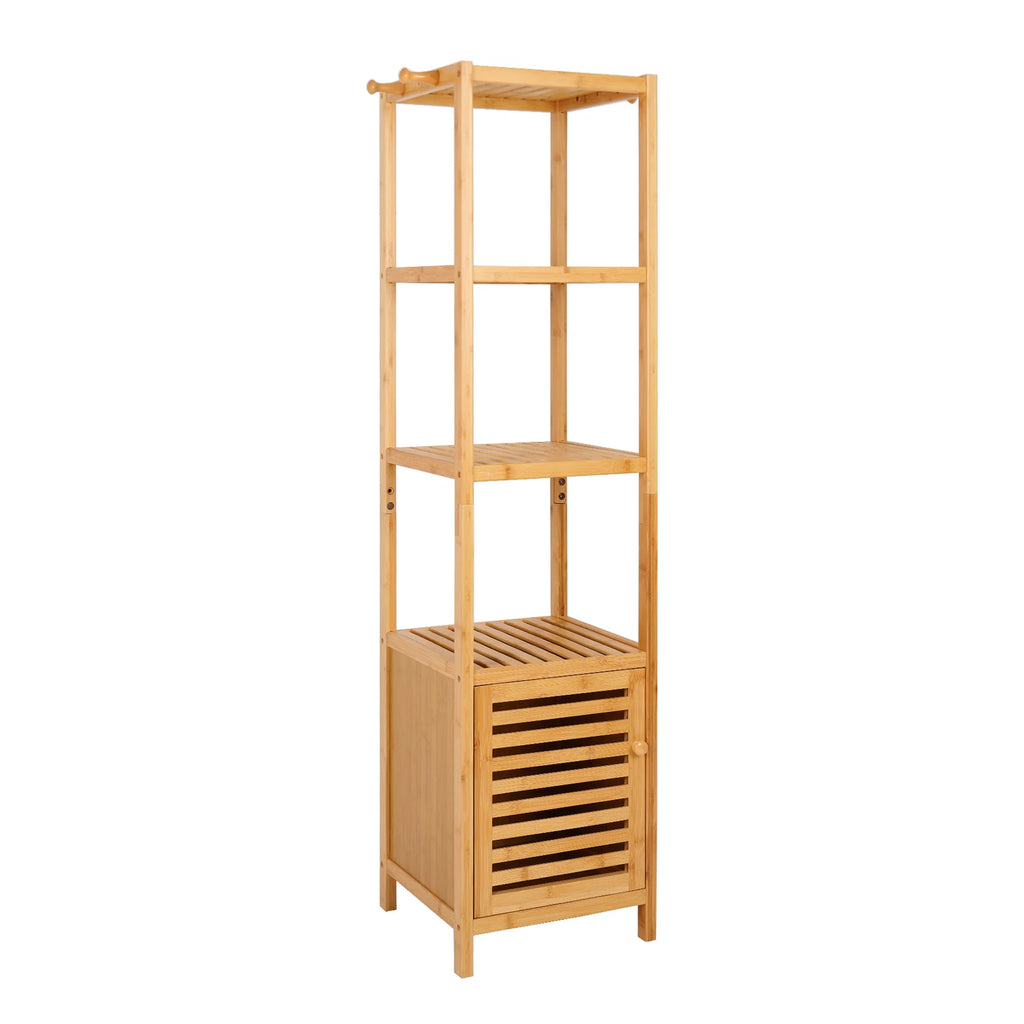 Freestanding Bamboo Bathroom Storage Cabinet Tall Slim Corner Shelf Organizer – Natural Wood