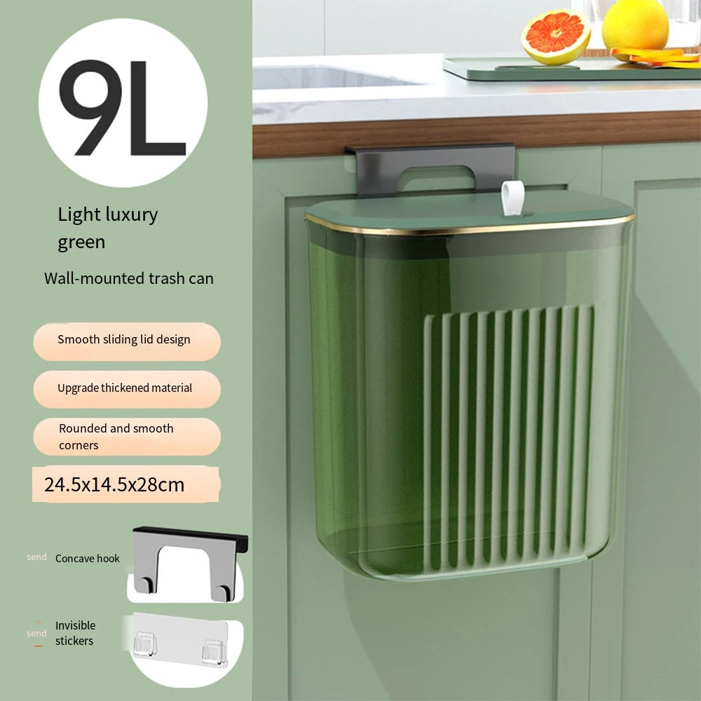 Wall Mounted Kitchen Trash Can 9L Hanging Garbage Bin with Slide Lid – Green