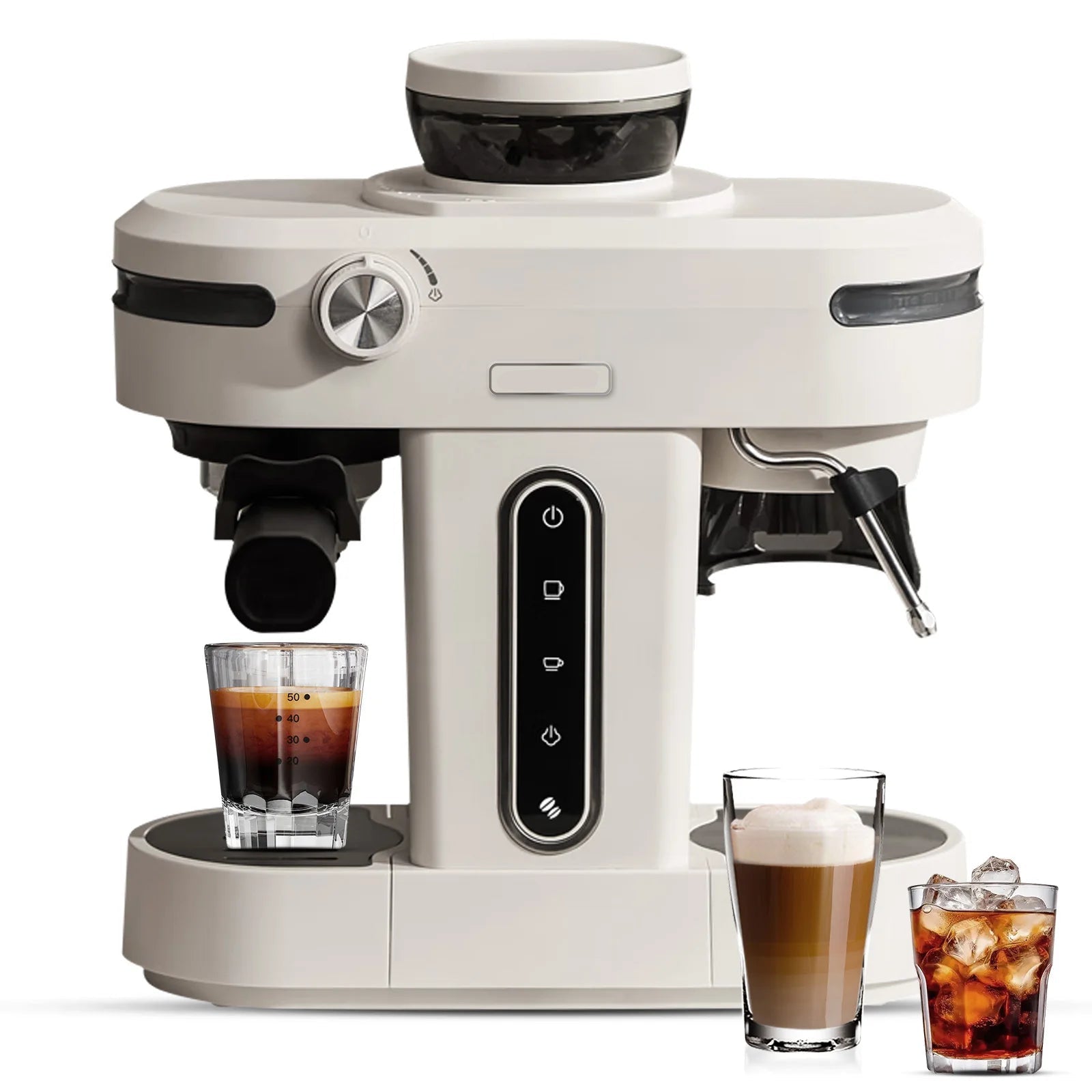 Coffee Machine Semi Automatic Espresso Maker with Grinder and Steam Wand – White