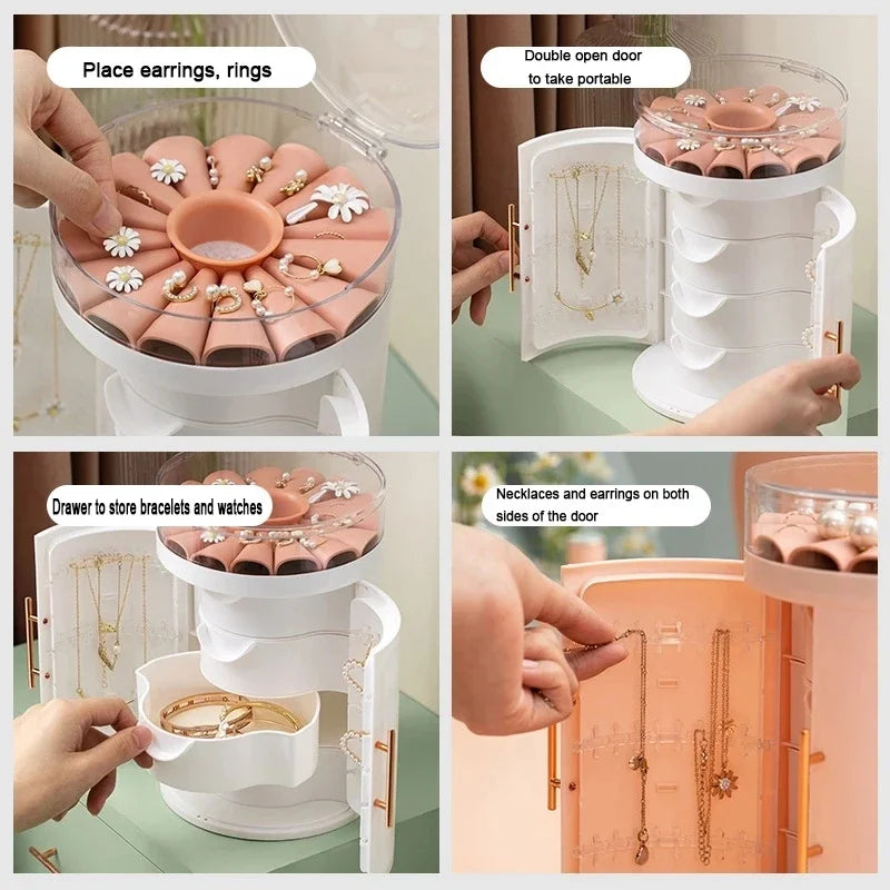 Rotating Jewelry Storage Box Desktop Organizer with Transparent Lid Multi-Layer Cosmetic and Accessories Holder – White