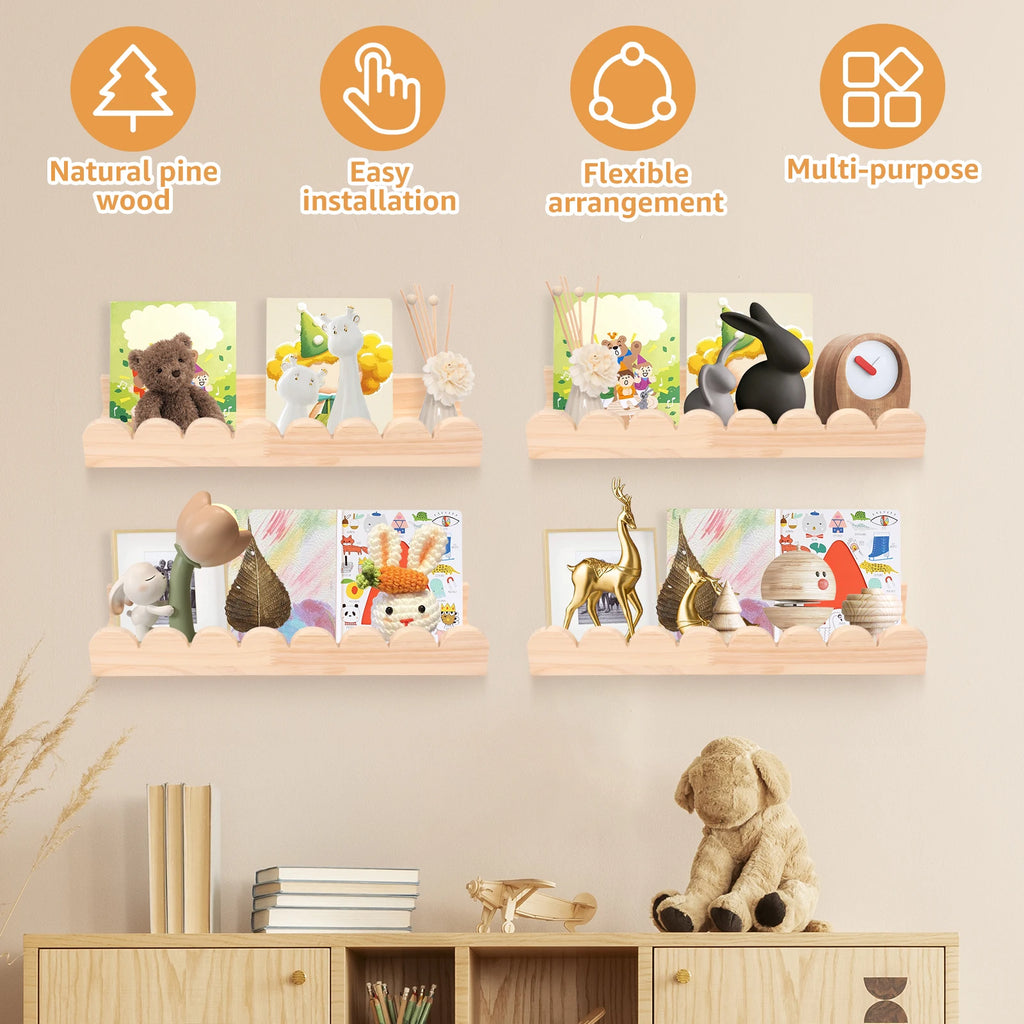 Wood Floating Wall Shelf Set with Scalloped Edge and Hooks – 3 Pieces