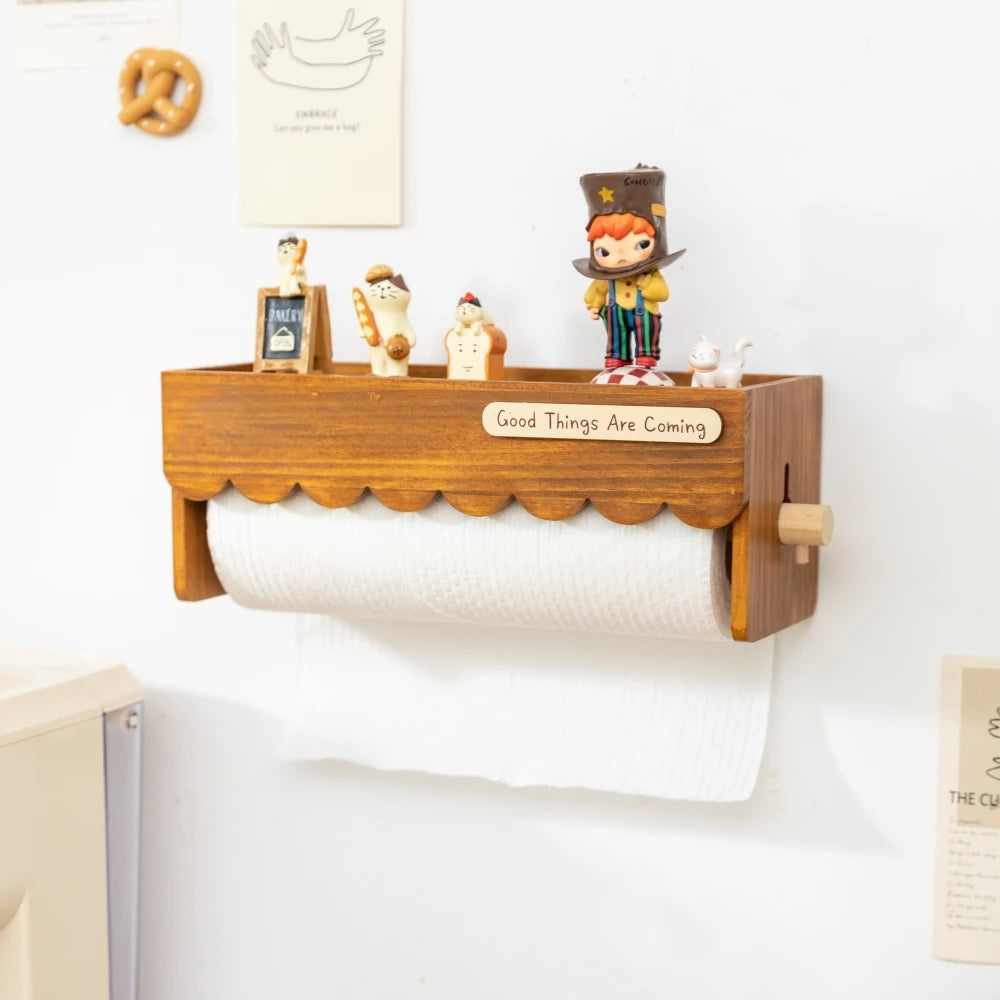 Wooden Paper Towel Holder Wall Mounted Kitchen Storage Rack with Display Shelf and Hanging Rod