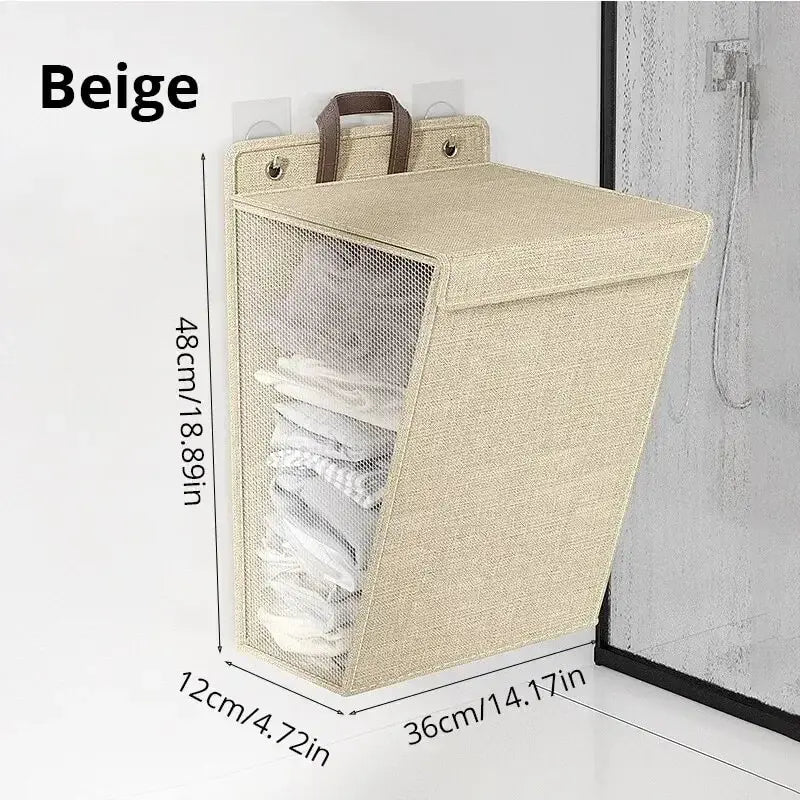 Laundry Basket Foldable Wall Hanging Hamper Space Saving Storage - Beige