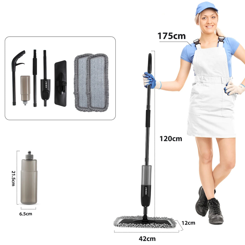 Spray Mop with 500ml Bottle Microfiber Floor Cleaner with 2 Pads Wet Dry Use Black