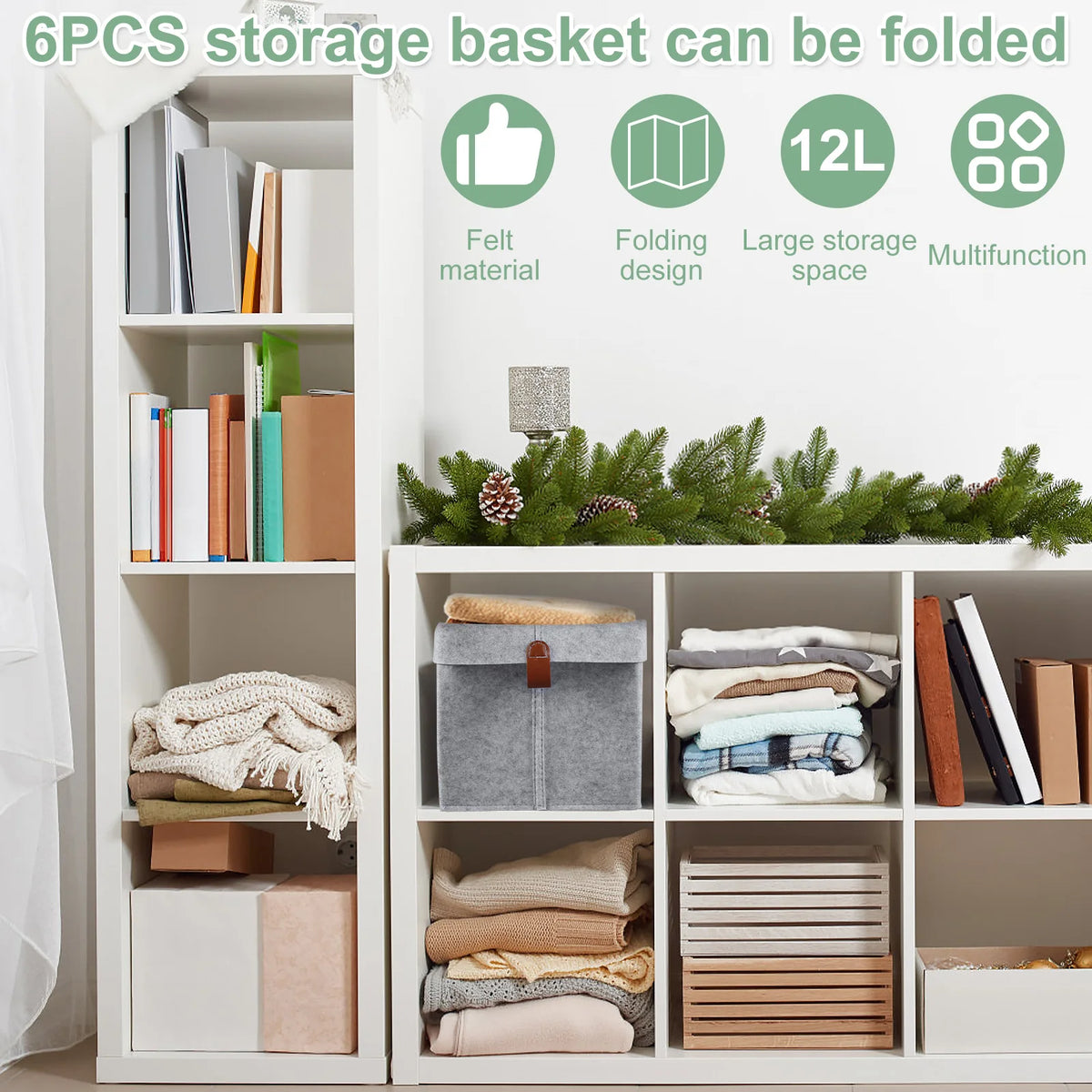 Storage Basket 6Pcs 12L Foldable Felt Fabric Organiser Boxes for Closet Clothes and Home Storage