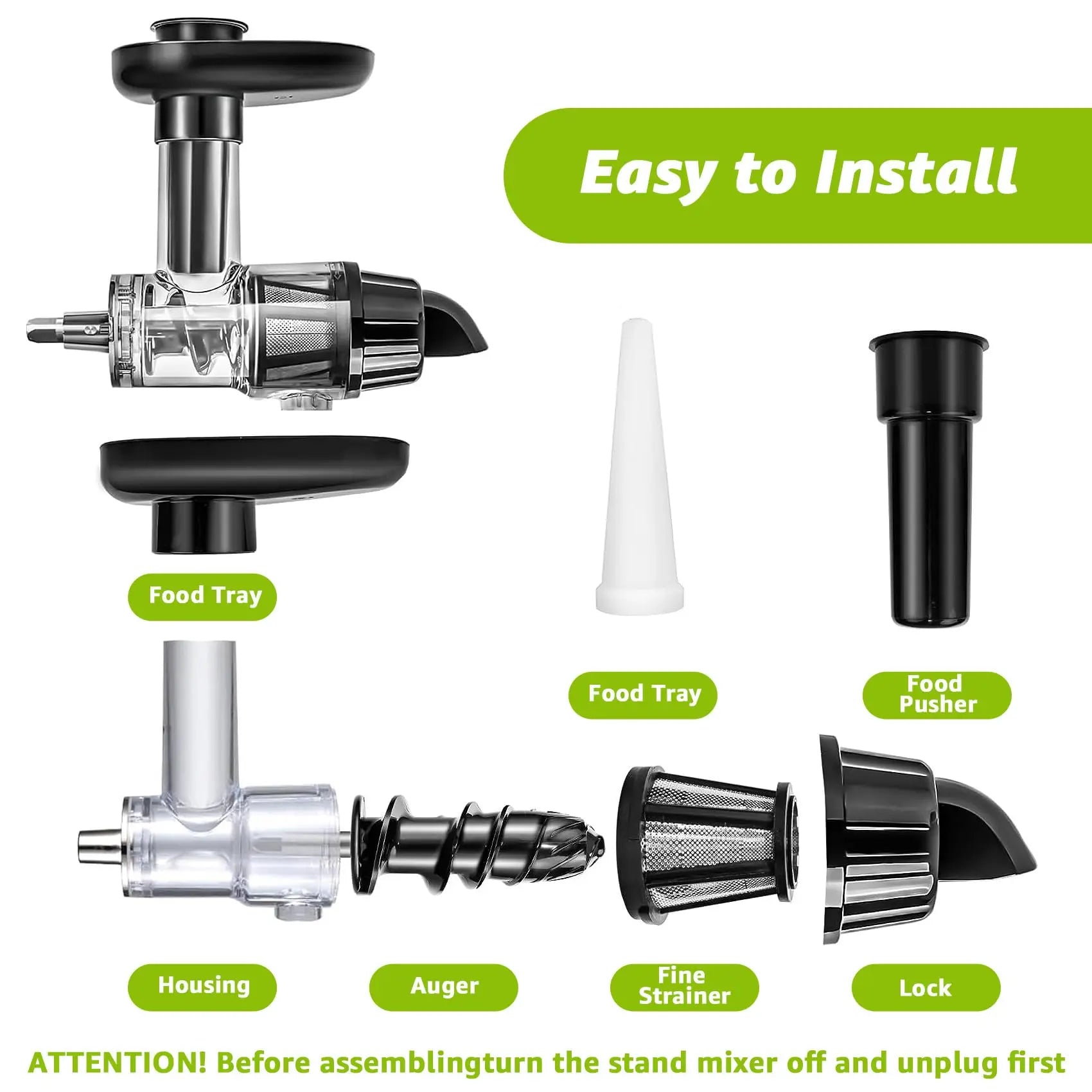 Juicer Attachment Masticating Slow Press Juice Extractor Set Mixer – Black