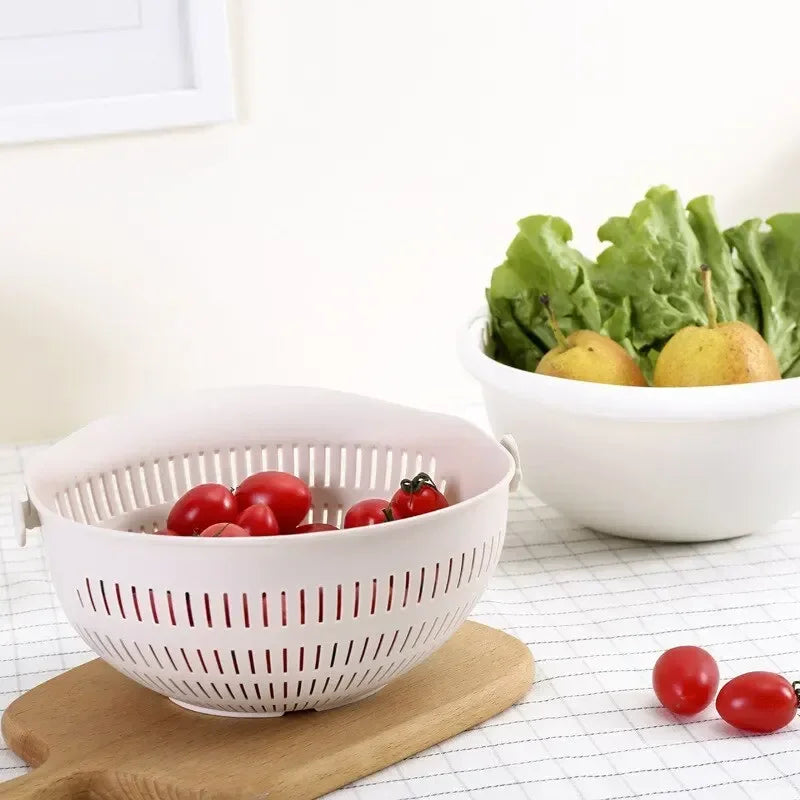 Rotating Double Layer Colander Bowl Fruit Vegetable Washing Drain Basket – Pink