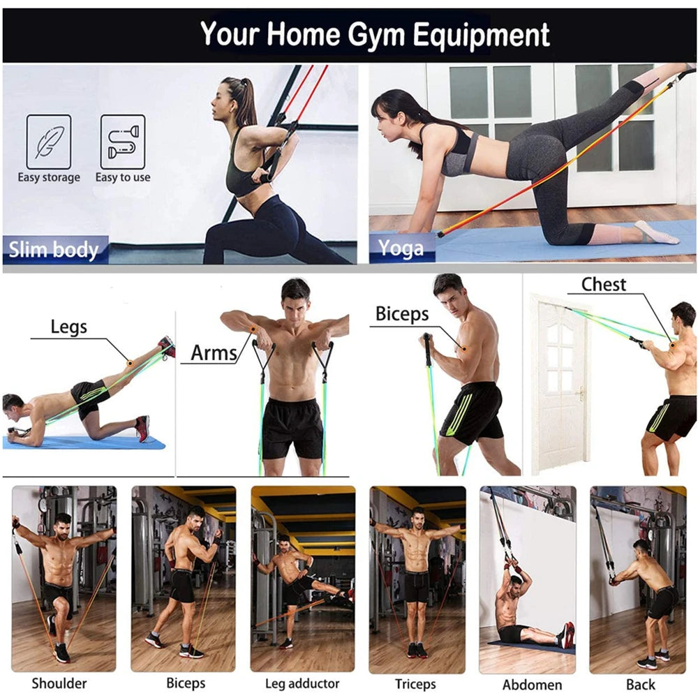 Resistance Bands Set Stackable Elastic Tubes Workout Kit with Door Anchor and Ankle Straps - 11pcs