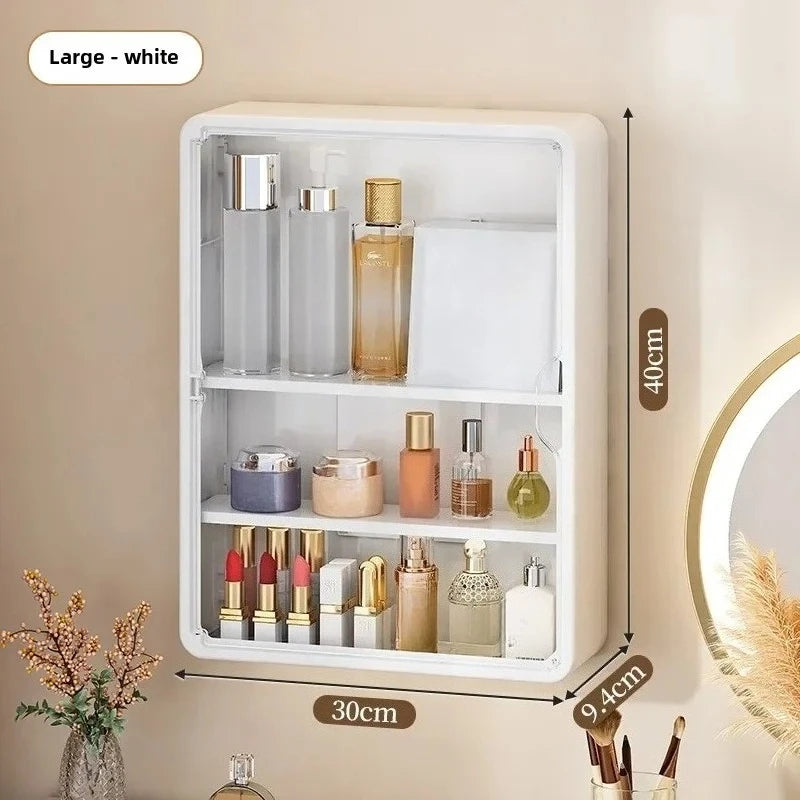 Multi Layer Wall Mounted Bathroom Organizer Cabinet No Drill Cosmetic Storage Display Shelf with Removable Shelves – White