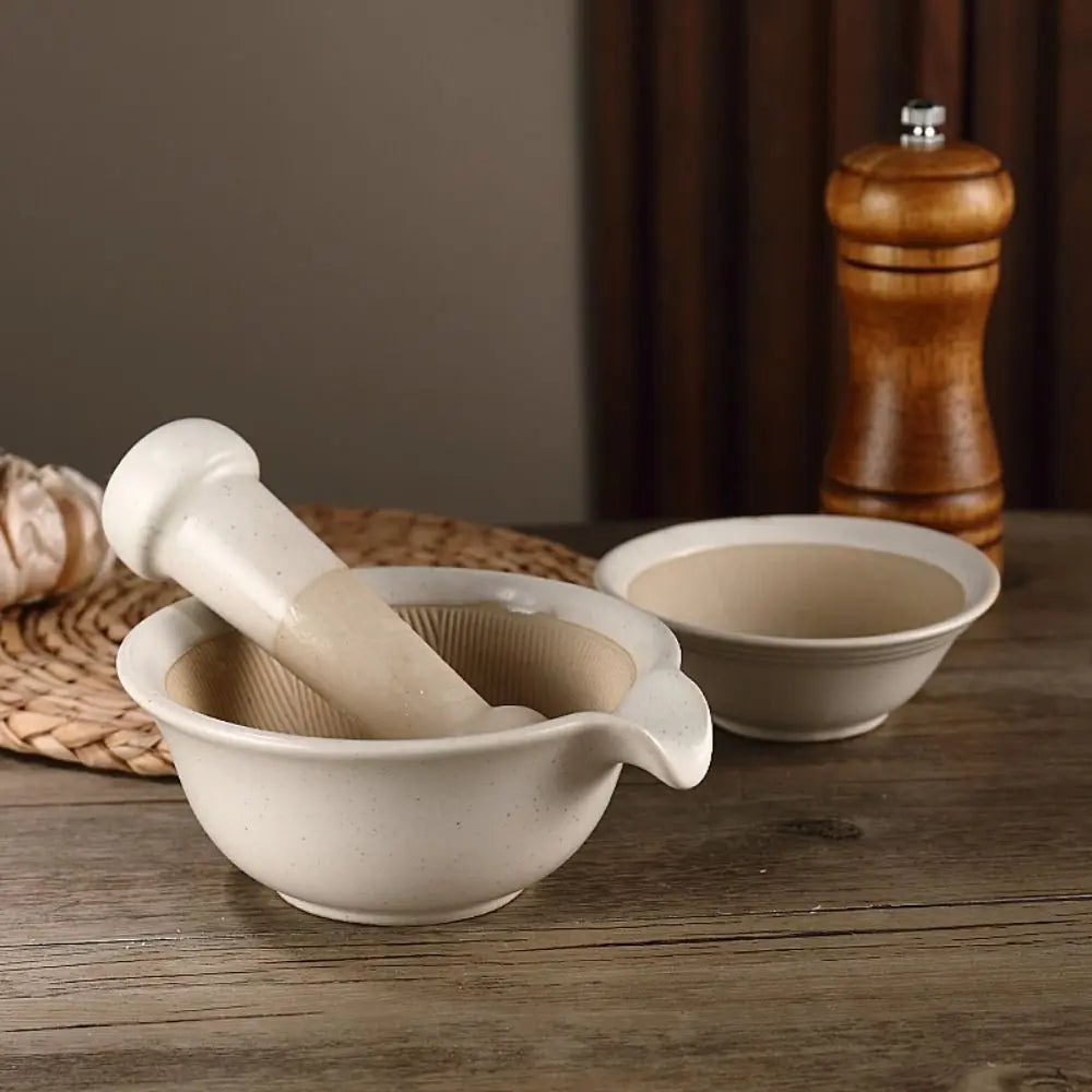 Ceramic Mortar and Pestle Set Spice Herb Garlic Grinder Bowl Kitchen Food Preparation Tool – White