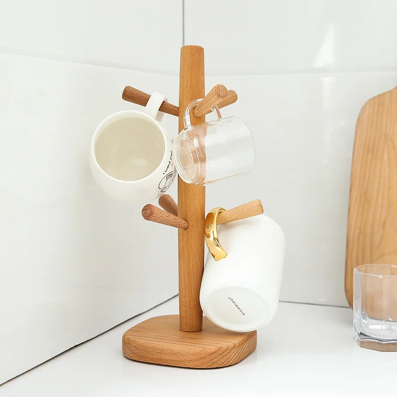 Wooden Cup Holder Double Tier Countertop Mug Drying Rack Space Saving Kitchen Cup Organiser