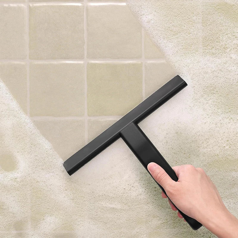 Silicone Glass Squeegee Window Bathroom Wiper with Hook T Handle - Black