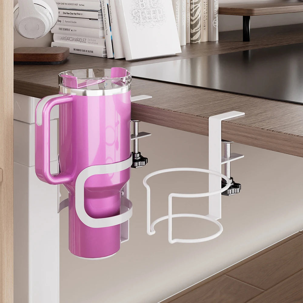 Clamp-On Desk Cup Holder with Bottle Holder Under Desk Drink Organizer for Cups and Bottles – White