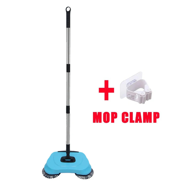 Hand Push Sweeper 360° Rotating Floor Cleaner with Adjustable Handle Manual Cleaning Tool - Blue with Mop Clamp