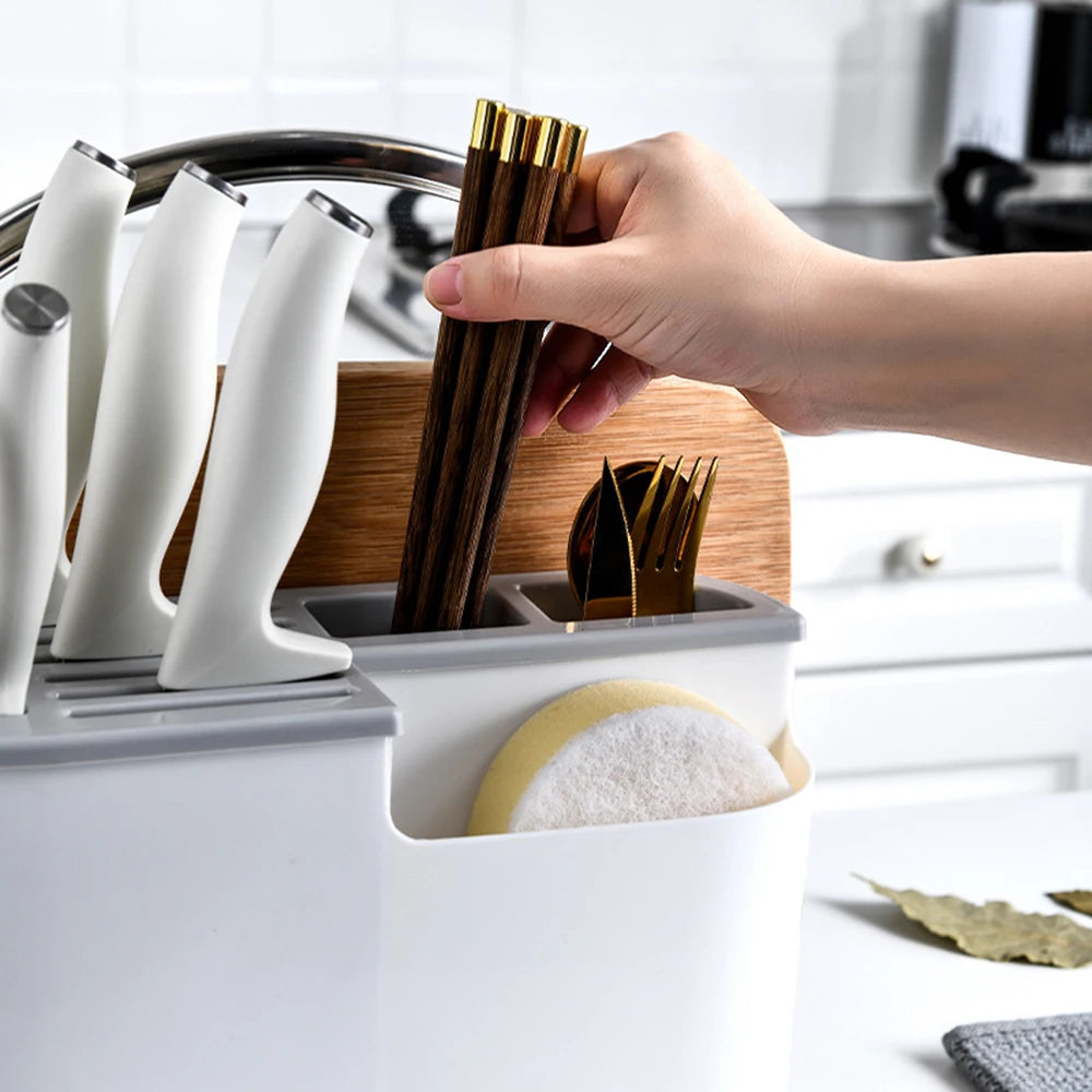 Multifunctional Knife Block for Countertop, Knife Storage Organizer with Drain Tray Kitchen Utensils Holder (No Cutting Board)