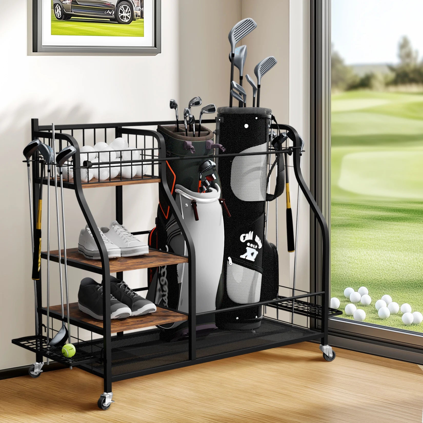 Rolling Golf Bag Organizer Rack with Shelves Sports Equipment Storage Stand on Wheels – Black